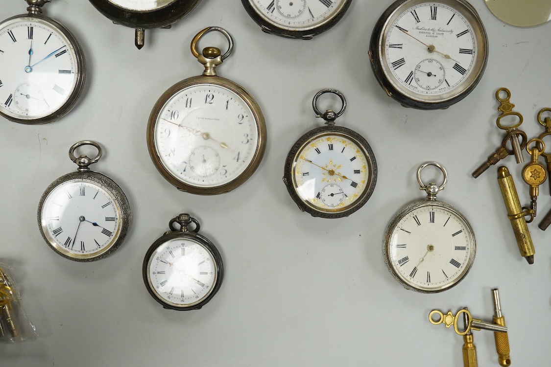 Five assorted early 20th century silver open faced fob watches, eight other continental white metal pocket and fob watches including two retailed by Kendall & Dent, four base metal pocket watches including cased Hebdomas